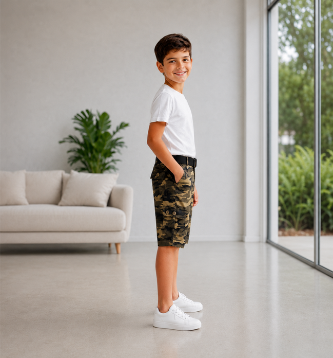 Boys’ Camouflage Cargo Bermuda Shorts with Belt