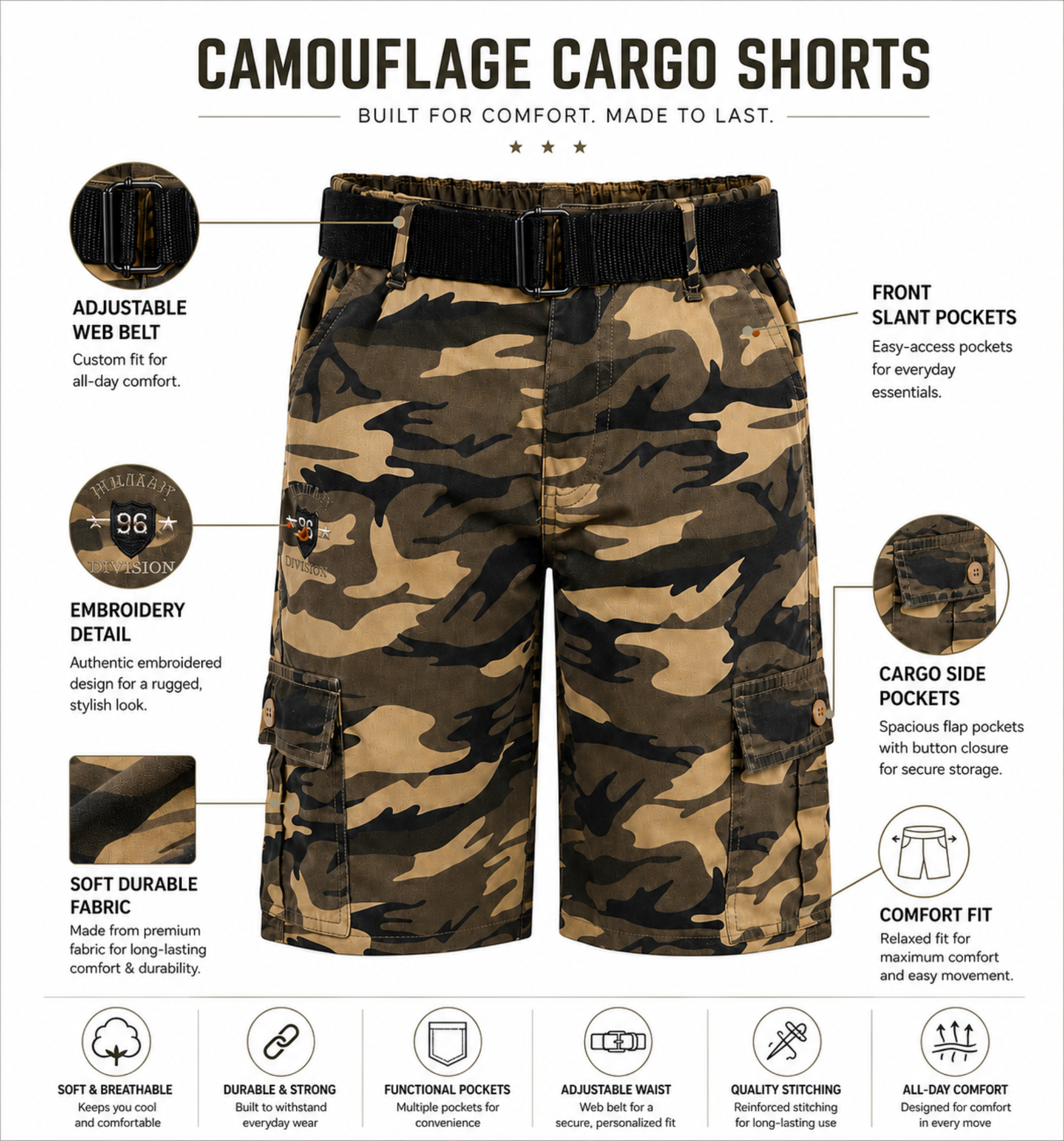Boys’ Camouflage Cargo Bermuda Shorts with Belt