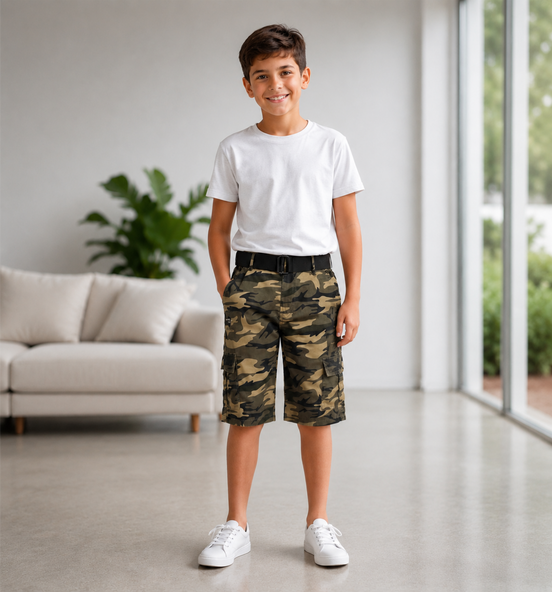 Boys’ Camouflage Cargo Bermuda Shorts with Belt