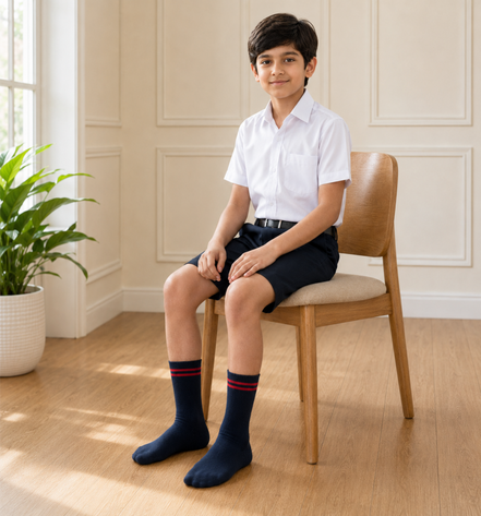 Navy Blue School Socks with Red Double Stripes