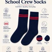 Navy Blue School Socks with Red Double Stripes