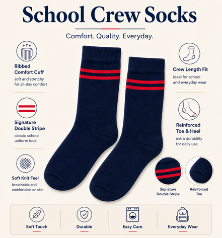 Navy Blue School Socks with Red Double Stripes