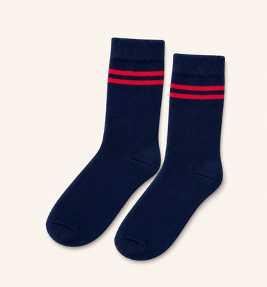Navy Blue School Socks with Red Double Stripes