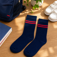 Navy Blue School Socks with Red Double Stripes