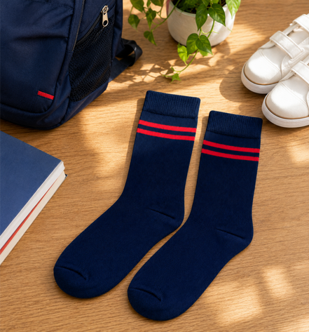 Navy Blue School Socks with Red Double Stripes