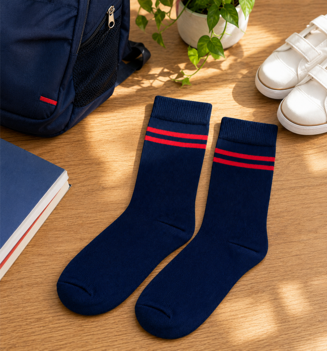 Navy Blue School Socks with Red Double Stripes