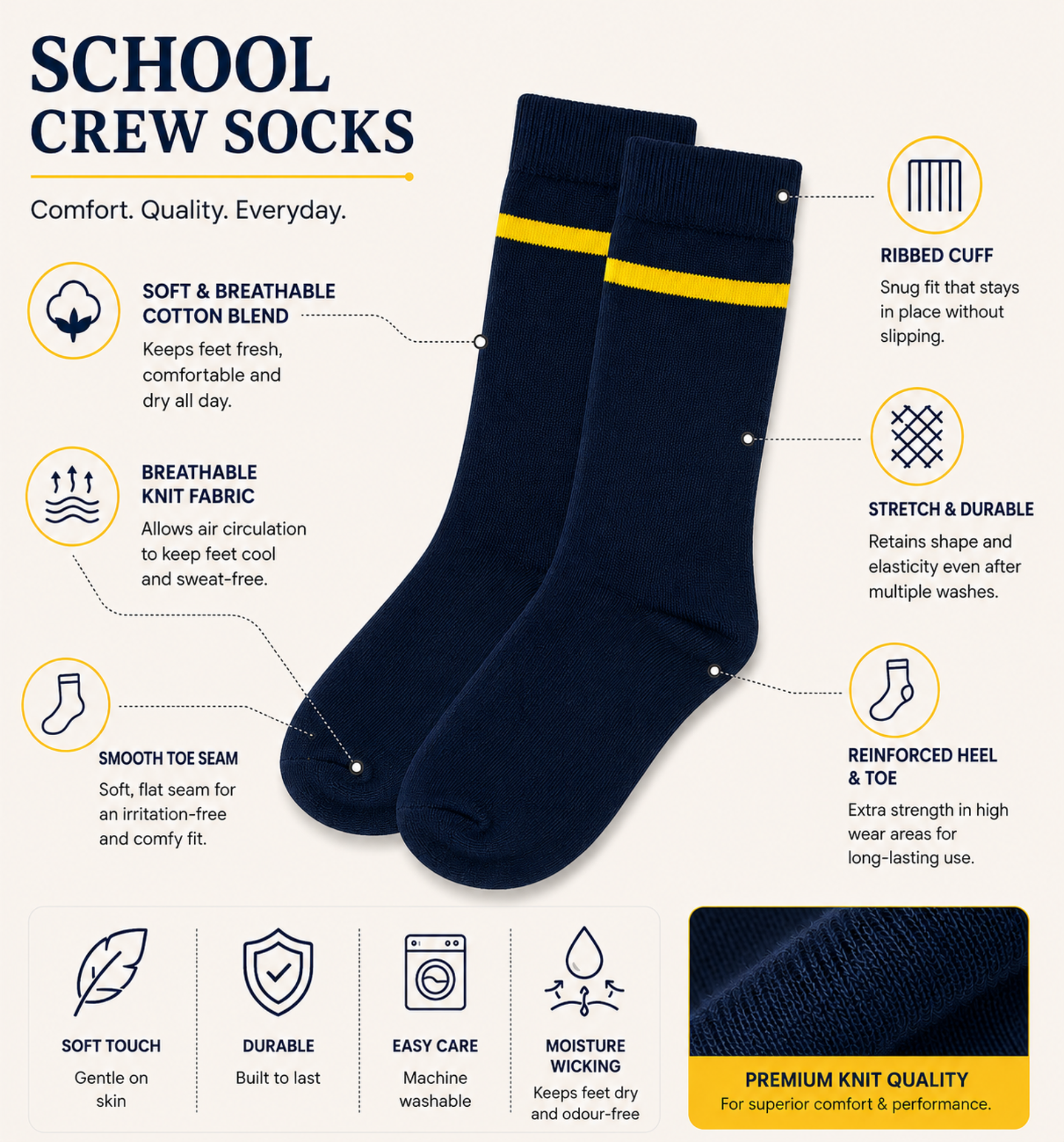Navy Blue School Socks with Yellow Stripe