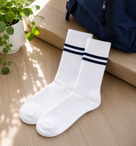 White School Socks with Navy Blue Stripes