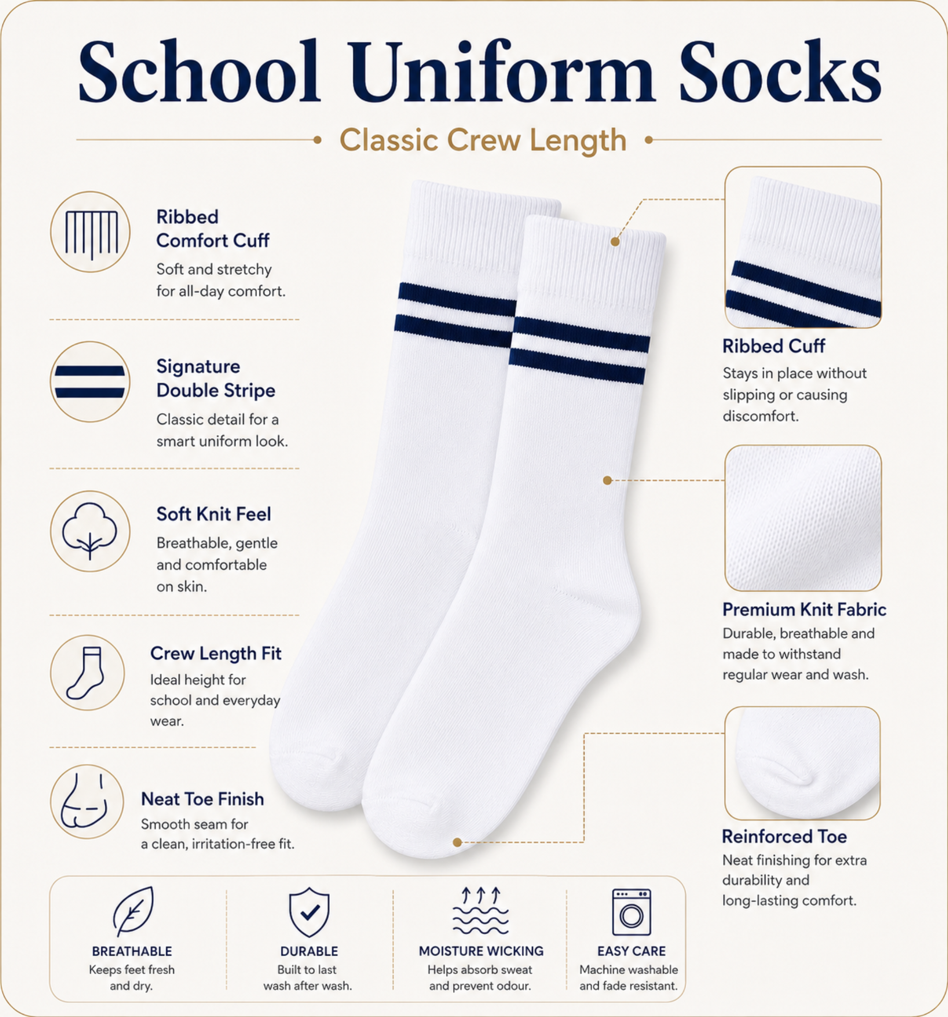 White School Socks with Navy Blue Stripes
